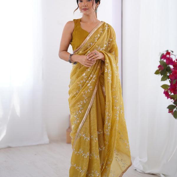 Jyoti Fashion Women's Mustard Soft Gold Crush Embroidered Designer Saree with Blouse - Distacart