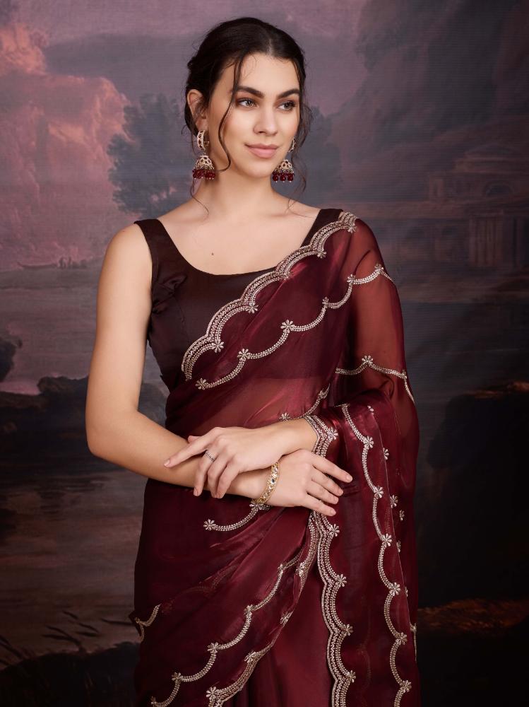 Jyoti Fashion Women's Brown Jimmy Choo Embroidered Designer Saree with Blouse