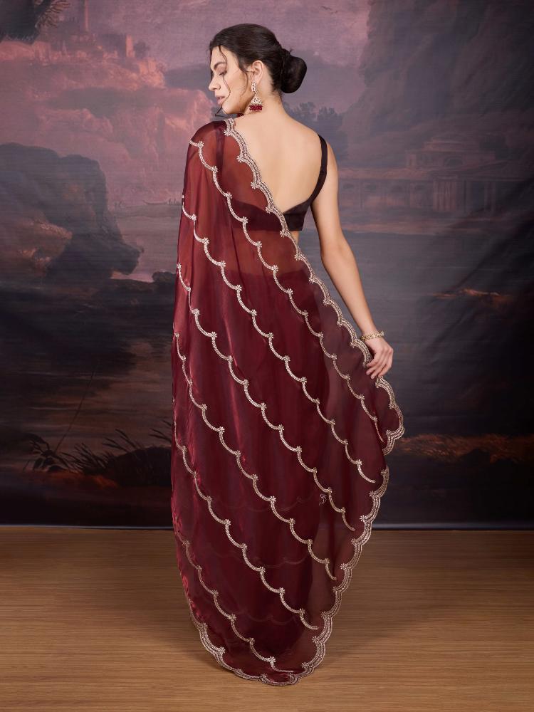 Jyoti Fashion Women's Brown Jimmy Choo Embroidered Designer Saree with Blouse