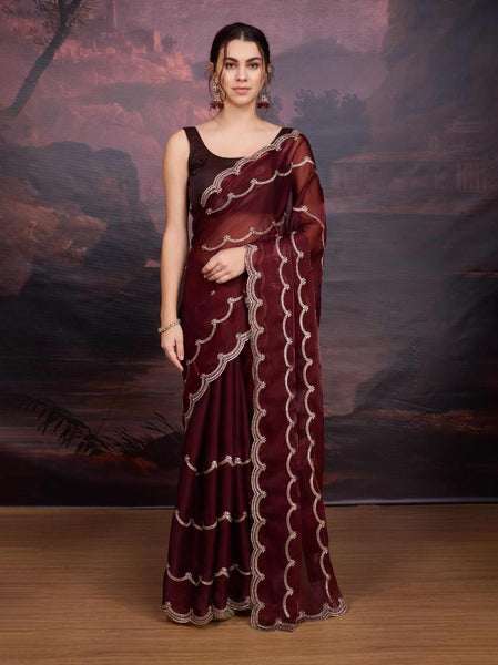 Jyoti Fashion Women's Brown Jimmy Choo Embroidered Designer Saree with Blouse