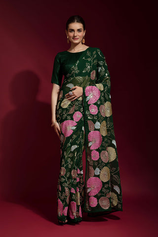 Jyoti Fashion Women's Green Sequence Embroidery Georgette Saree with Blouse - Distacart