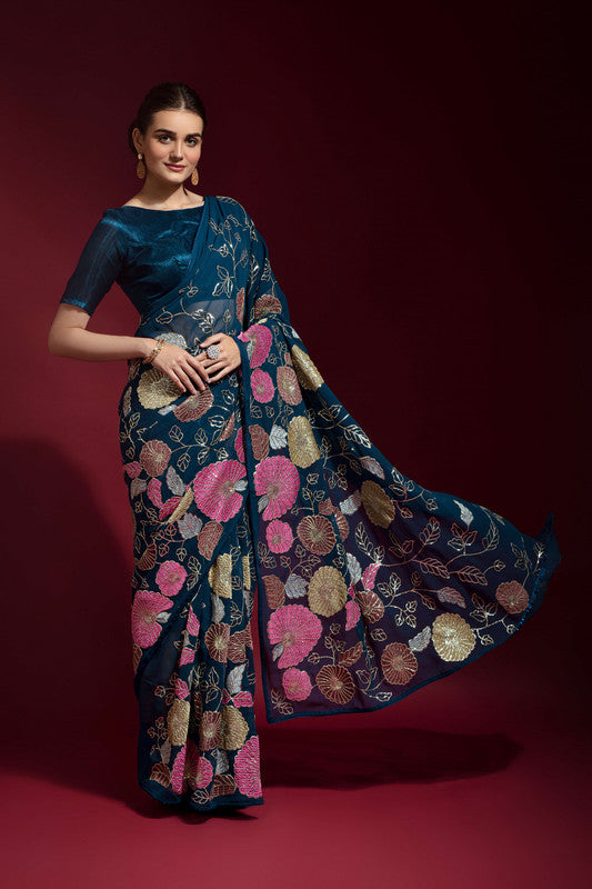Jyoti Fashion Women's Morpich Sequence Embroidery Georgette Saree with Blouse - Distacart