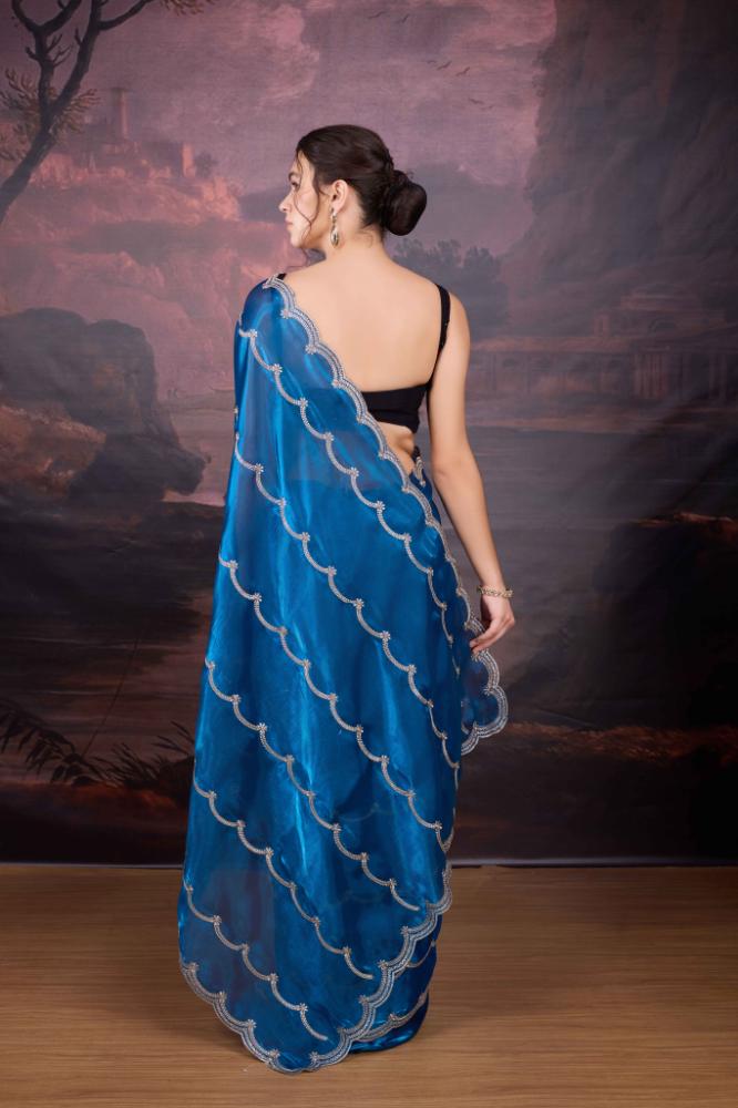 Jyoti Fashion Women's Blue Jimmy Choo Embroidered Designer Saree with Blouse