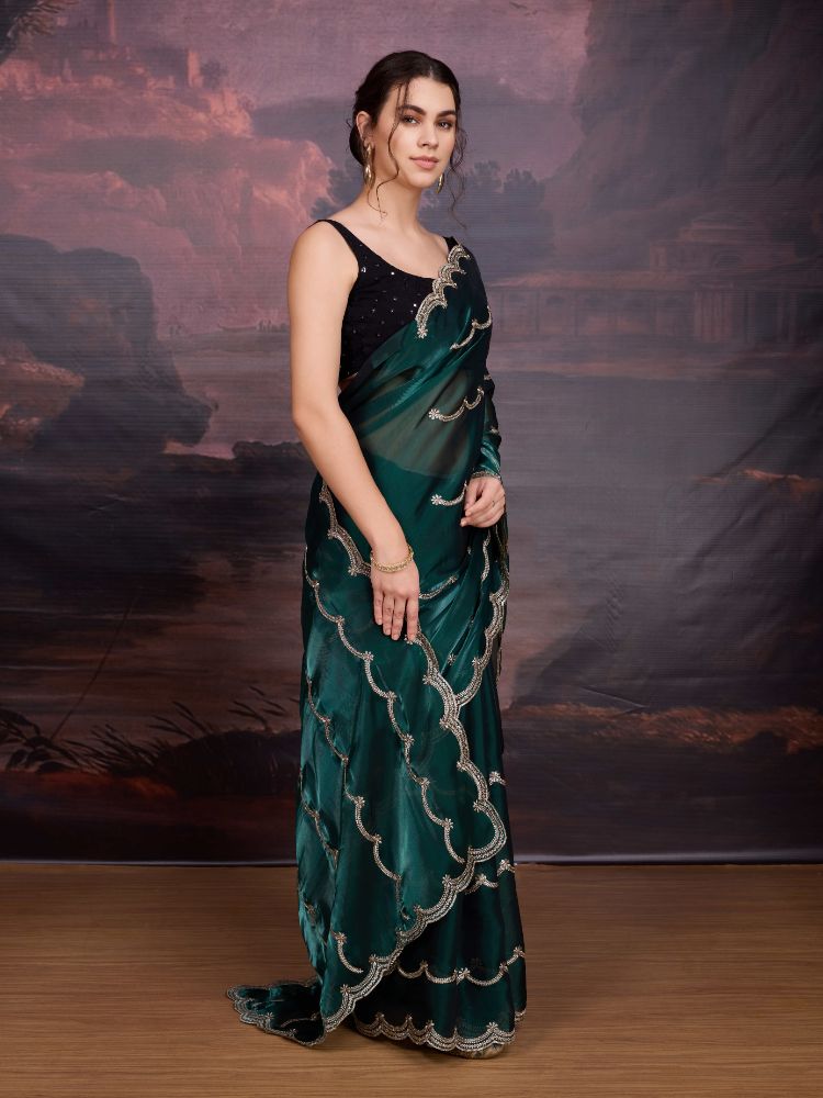 Jyoti Fashion Women's Bottle Green Jimmy Choo Embroidered Designer Saree with Blouse