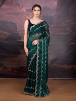 Thumbnail for Jyoti Fashion Women's Bottle Green Jimmy Choo Embroidered Designer Saree with Blouse
