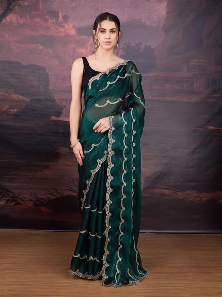 Jyoti Fashion Women's Bottle Green Jimmy Choo Embroidered Designer Saree with Blouse