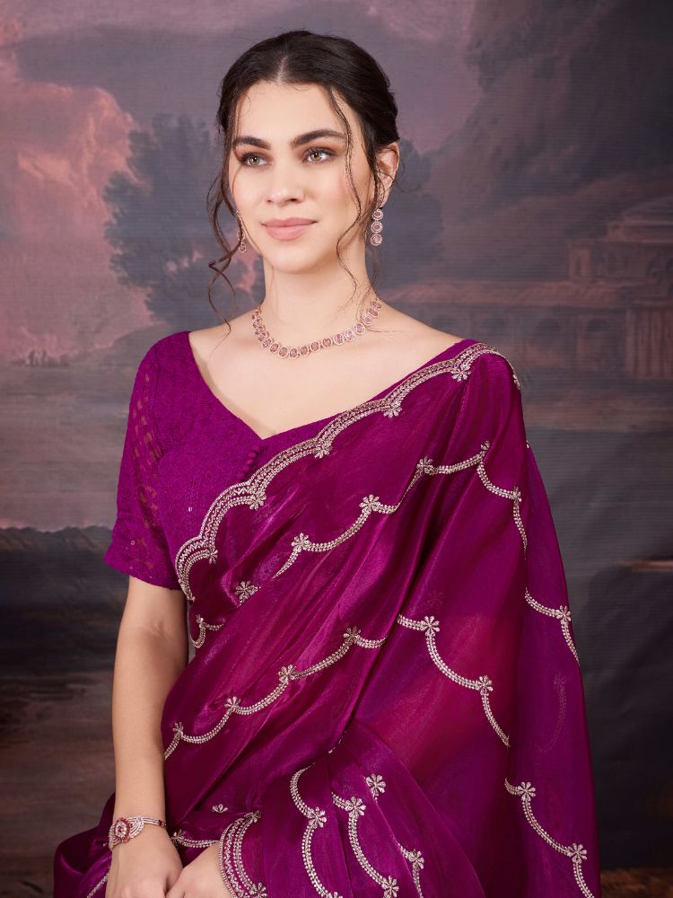 Jyoti Fashion Women's Wine Jimmy Choo Embroidered Designer Saree with Blouse