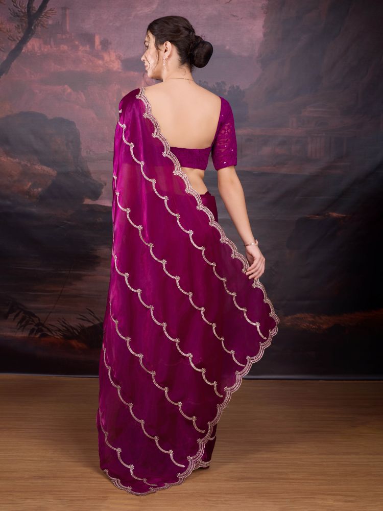 Jyoti Fashion Women's Wine Jimmy Choo Embroidered Designer Saree with Blouse