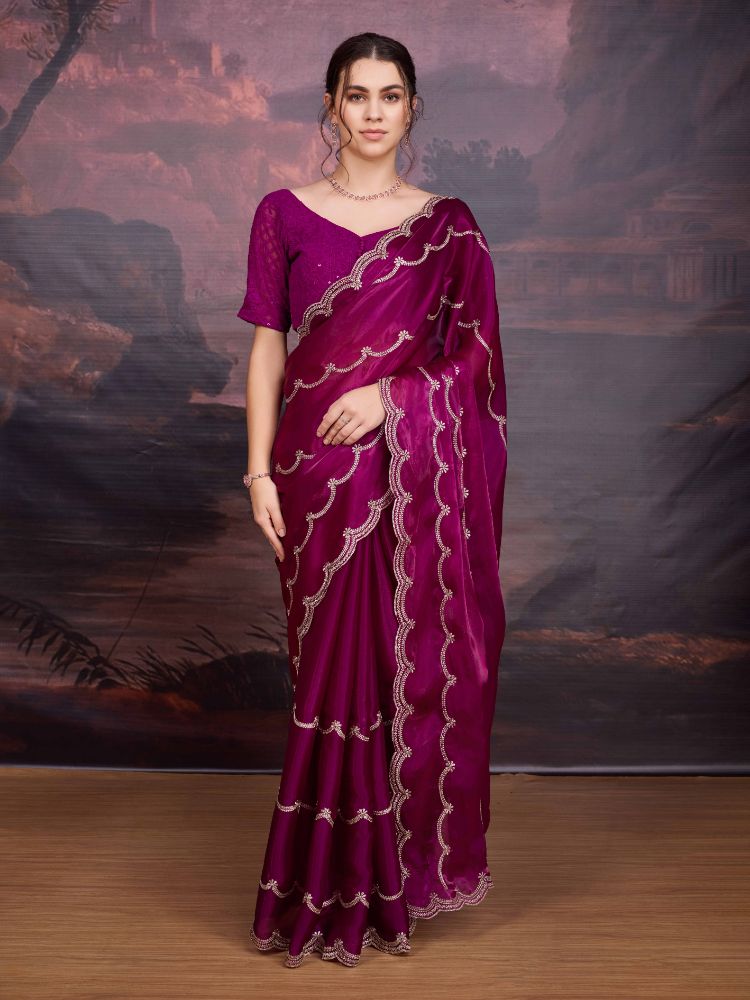 Jyoti Fashion Women's Wine Jimmy Choo Embroidered Designer Saree with Blouse
