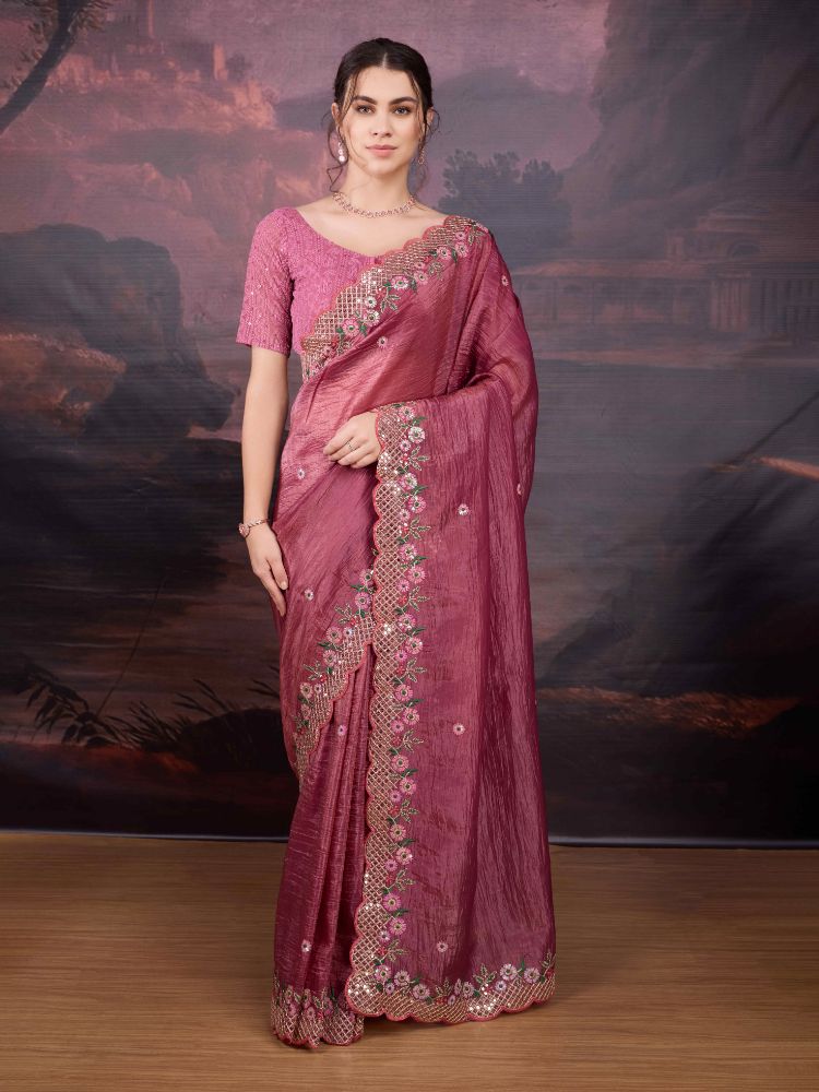 Jyoti Fashion Women's Pink Art Silk Sequins Embroidered Designer Saree with Blouse