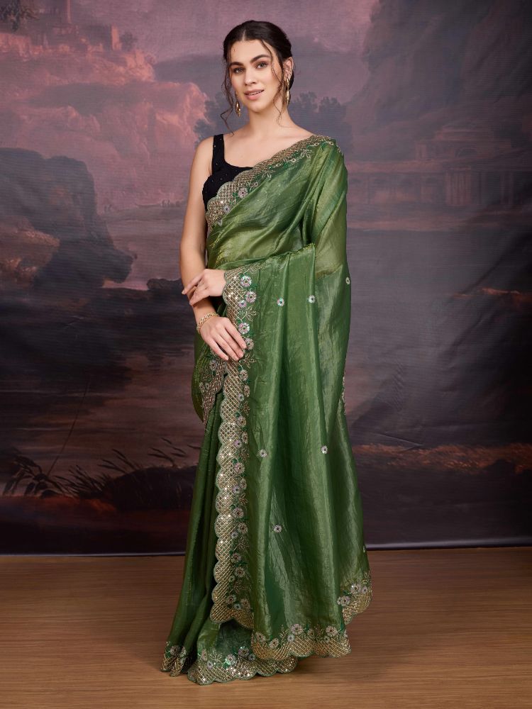 Jyoti Fashion Women's Mehendi Art Silk Sequins Embroidered Designer Saree with Blouse