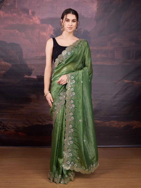 Jyoti Fashion Women's Mehendi Art Silk Sequins Embroidered Designer Saree with Blouse