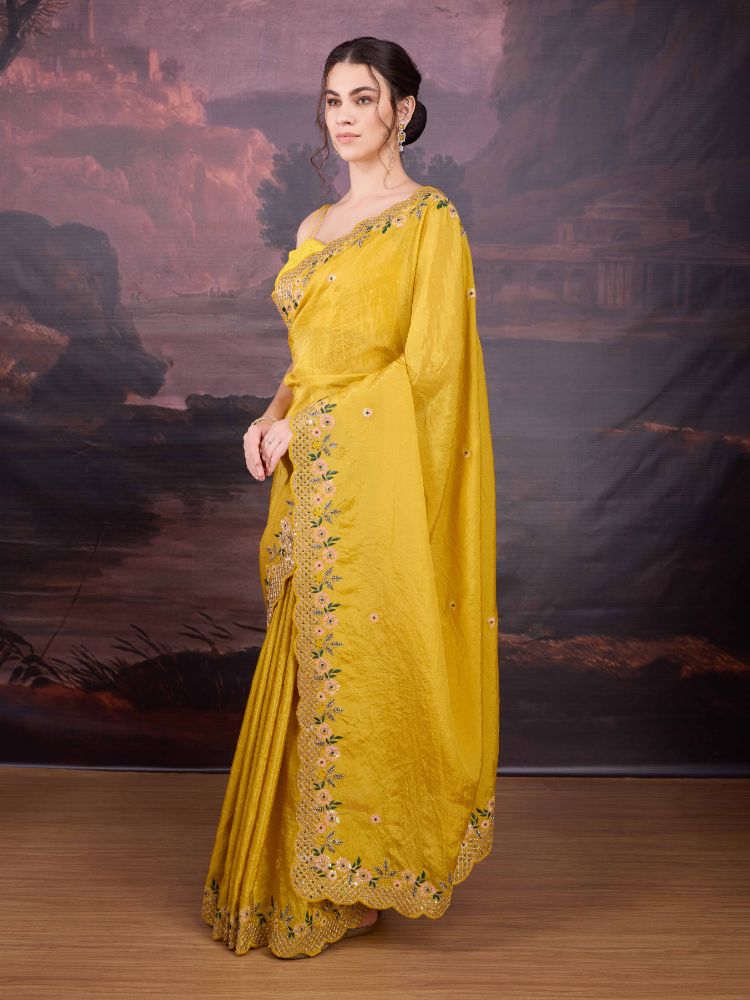 Jyoti Fashion Women's Yellow Art Silk Sequins Embroidered Designer Saree with Blouse