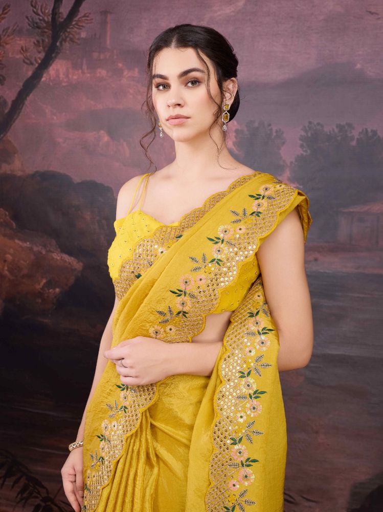 Jyoti Fashion Women's Yellow Art Silk Sequins Embroidered Designer Saree with Blouse