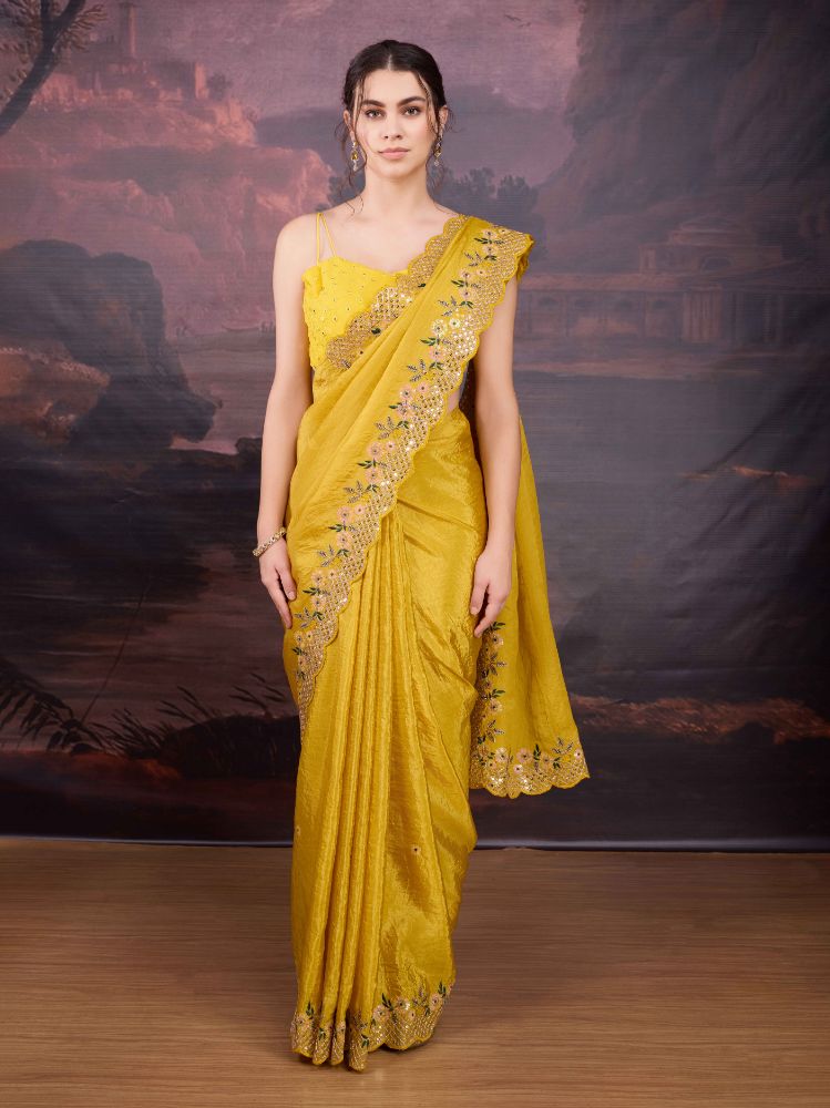 Jyoti Fashion Women's Yellow Art Silk Sequins Embroidered Designer Saree with Blouse