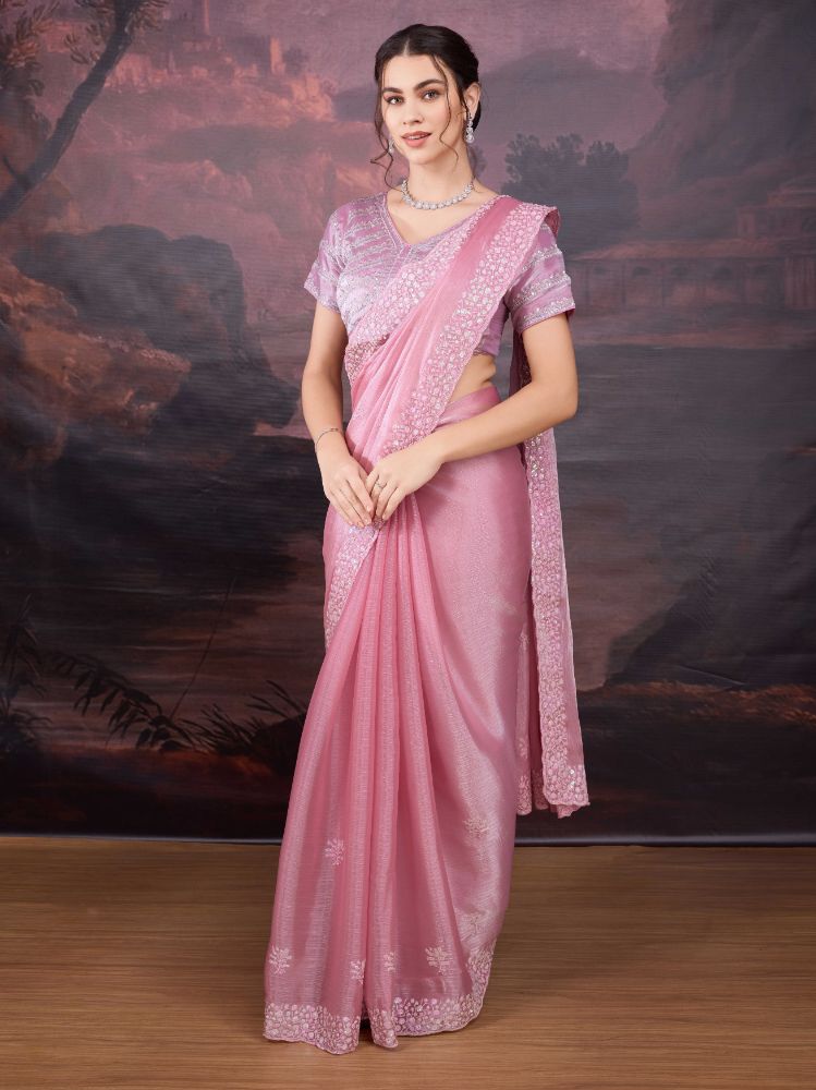 Jyoti Fashion Women's Baby Pink Jimmy Choo Sequins Embroidered Designer Saree with Blouse
