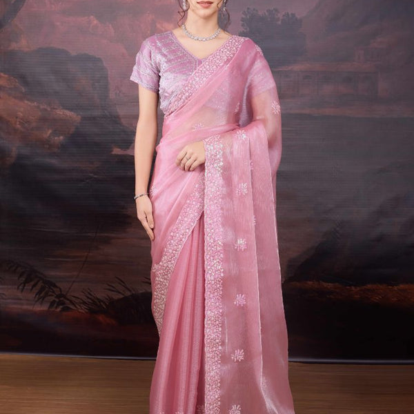 Jyoti Fashion Women's Baby Pink Jimmy Choo Sequins Embroidered Designer Saree with Blouse - Distacart