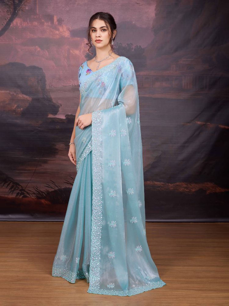 Jyoti Fashion Women's Sky Blue Jimmy Choo Sequins Embroidered Designer Saree with Blouse