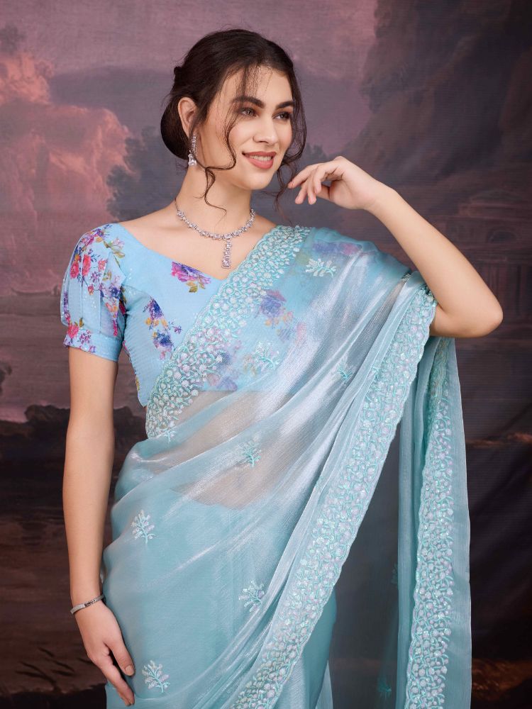 Jyoti Fashion Women's Sky Blue Jimmy Choo Sequins Embroidered Designer Saree with Blouse