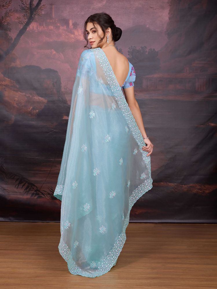 Jyoti Fashion Women's Sky Blue Jimmy Choo Sequins Embroidered Designer Saree with Blouse