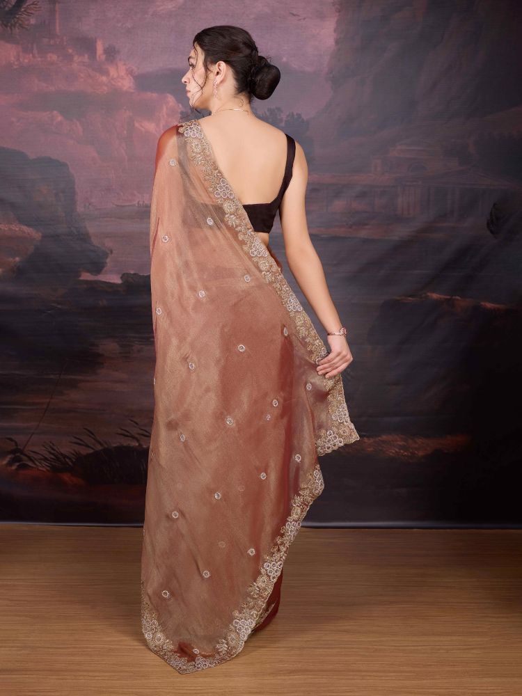 Jyoti Fashion Women's Brown Jimmy Choo Embroidered Siroski Designer Saree with Blouse