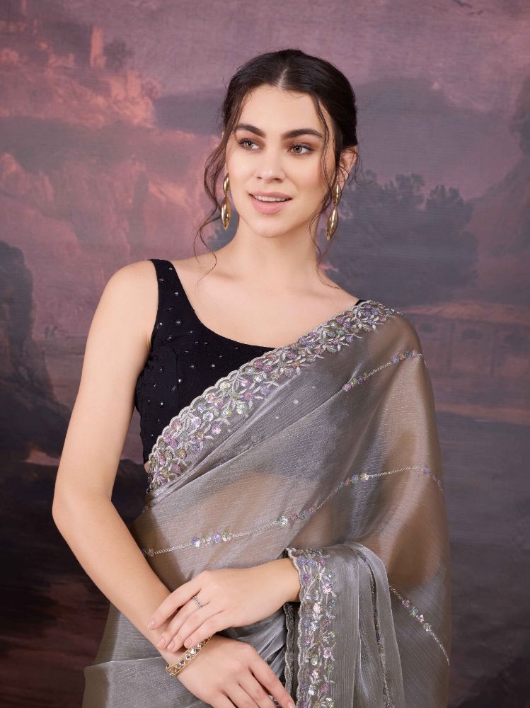 Jyoti Fashion Women's Grey Jimmy Choo Sequins Embroidered Designer Saree with Blouse