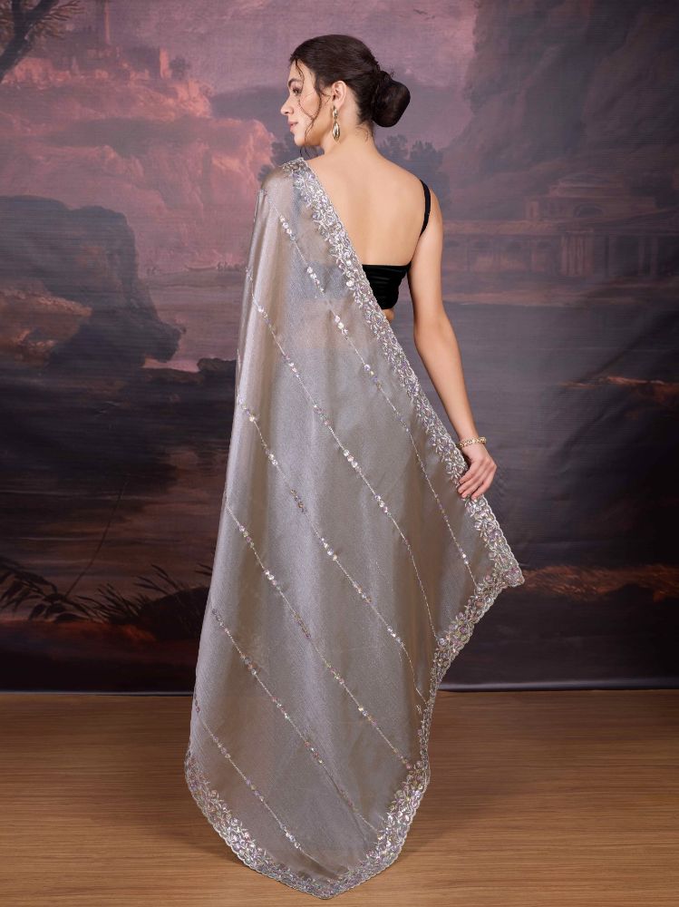 Jyoti Fashion Women's Grey Jimmy Choo Sequins Embroidered Designer Saree with Blouse