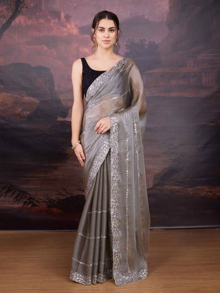 Jyoti Fashion Women's Grey Jimmy Choo Sequins Embroidered Designer Saree with Blouse