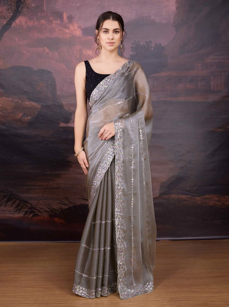 Jyoti Fashion Women's Grey Jimmy Choo Sequins Embroidered Designer Saree with Blouse