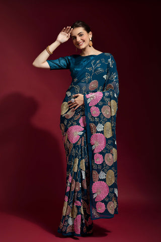 Jyoti Fashion Women's Morpich Sequence Embroidery Georgette Saree with Blouse - Distacart