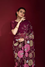 Thumbnail for Jyoti Fashion Women's Wine Sequence Embroidery Georgette Saree with Blouse - Distacart