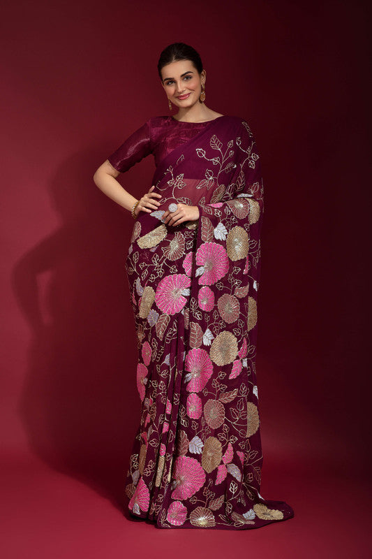 Jyoti Fashion Women's Wine Sequence Embroidery Georgette Saree with Blouse - Distacart