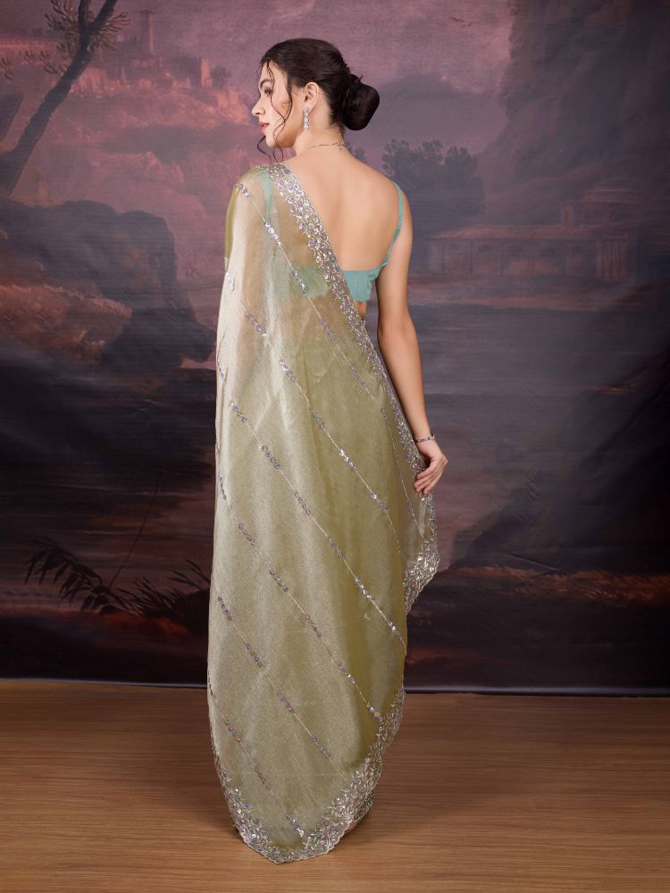 Jyoti Fashion Women's Sea Green Jimmy Choo Sequins Embroidered Designer Saree with Blouse