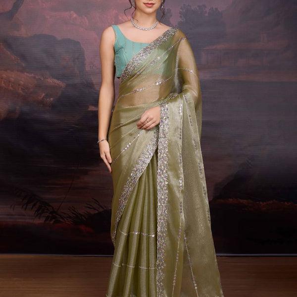 Jyoti Fashion Women's Sea Green Jimmy Choo Sequins Embroidered Designer Saree with Blouse