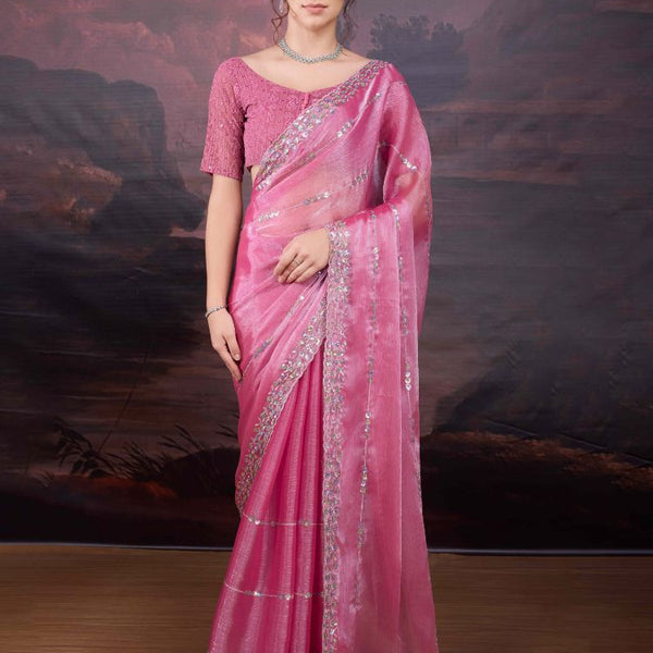 Jyoti Fashion Women's Pink Jimmy Choo Sequins Embroidered Designer Saree with Blouse
