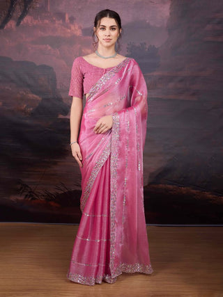 Jyoti Fashion Women's Pink Jimmy Choo Sequins Embroidered Designer Saree with Blouse