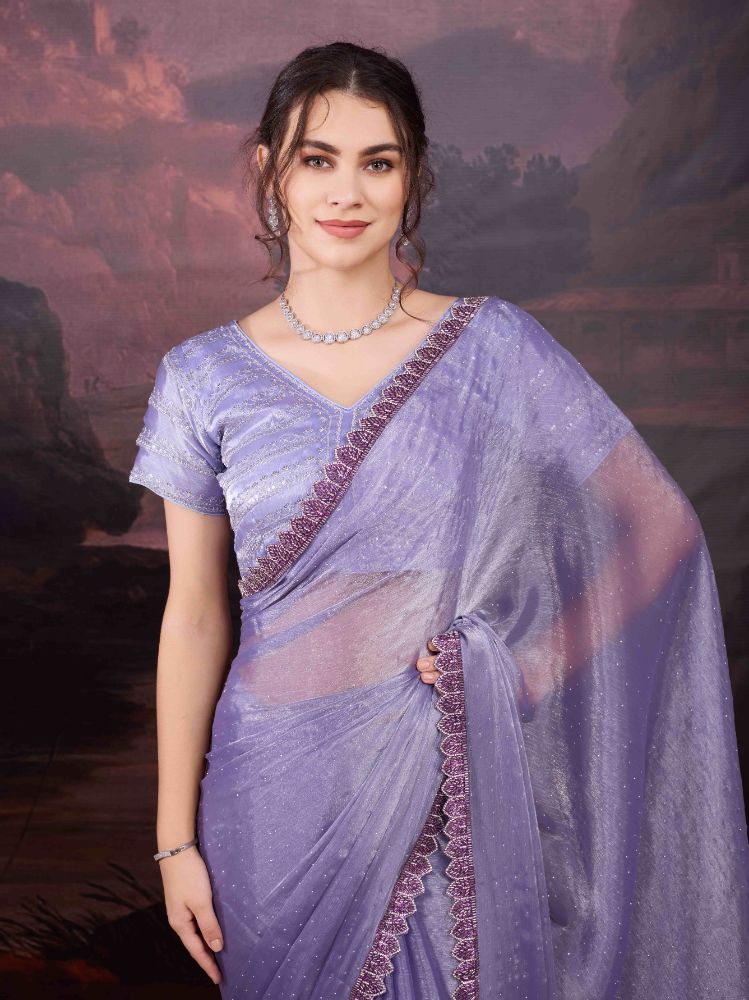 Jyoti Fashion Women's Light Purple Jimmy Choo Heavy Beads Work Designer Saree with Blouse
