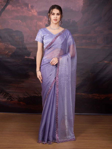 Jyoti Fashion Women's Light Purple Jimmy Choo Heavy Beads Work Designer Saree with Blouse