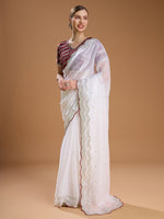 Thumbnail for Jyoti Fashion Women's White Jimmy Choo Sequins Embroidered Designer Saree with Blouse