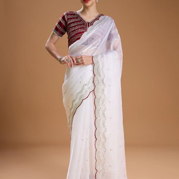 Jyoti Fashion Women's White Jimmy Choo Sequins Embroidered Designer Saree with Blouse - Distacart