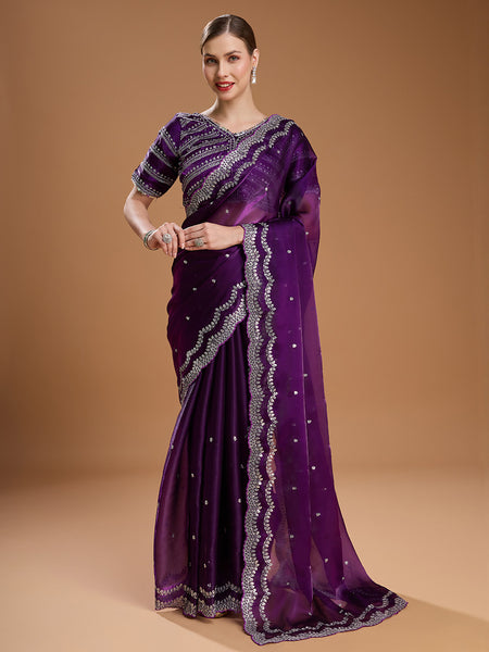 Jyoti Fashion Women's Purple Jimmy Choo Sequins Embroidered Designer Saree with Blouse