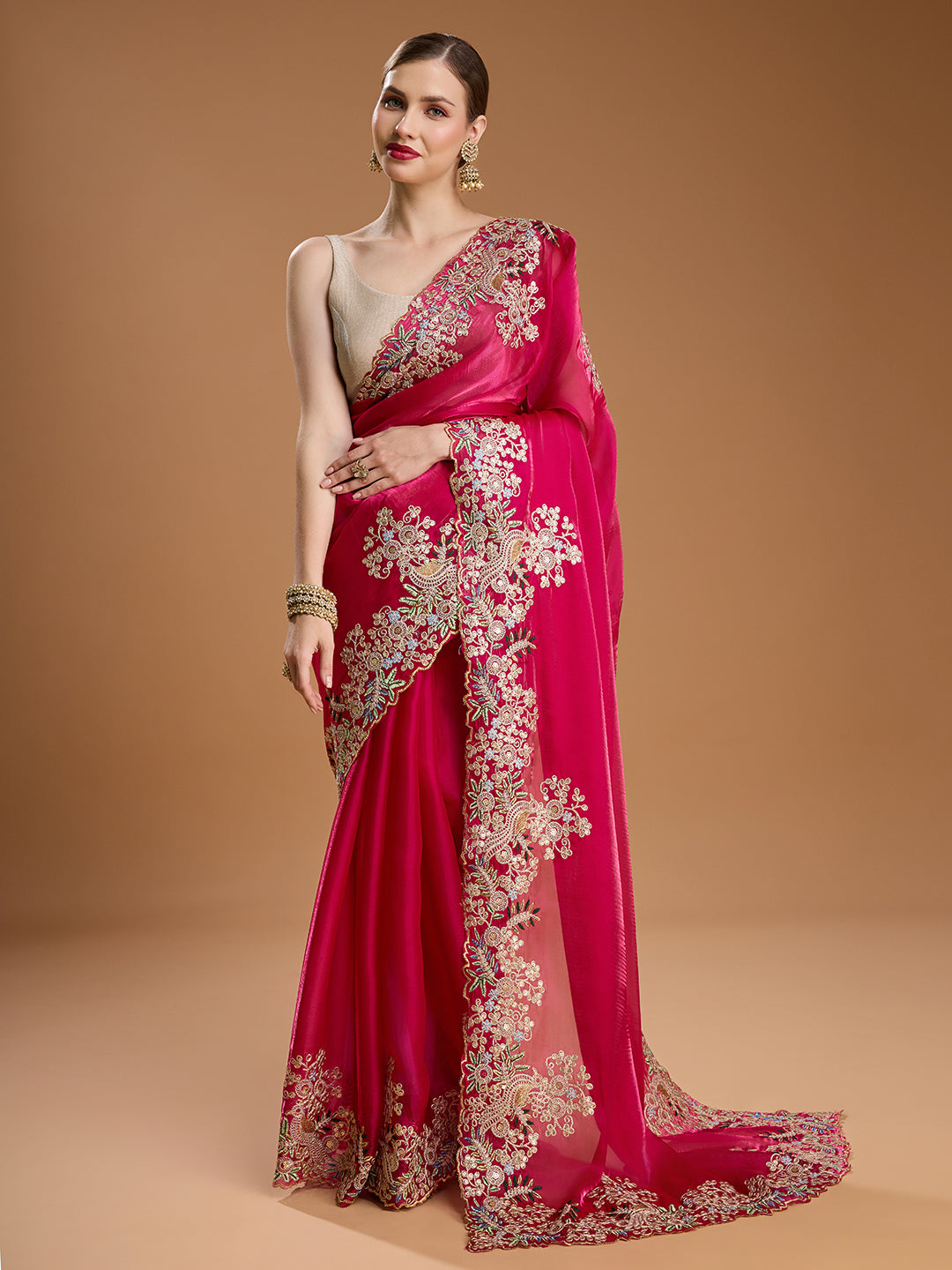 Jyoti Fashion Women's Rani Pink Jimmy Choo Embroidered & Coding Designer Saree with Blouse