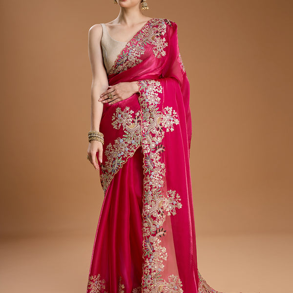 Jyoti Fashion Women's Rani Pink Jimmy Choo Embroidered & Coding Designer Saree with Blouse - Distacart