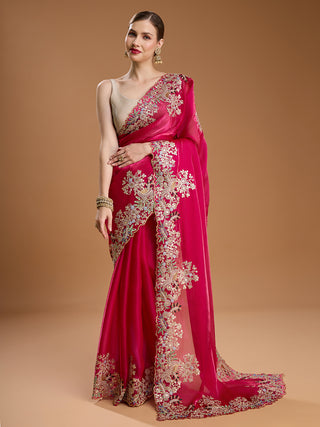 Jyoti Fashion Women's Rani Pink Jimmy Choo Embroidered & Coding Designer Saree with Blouse