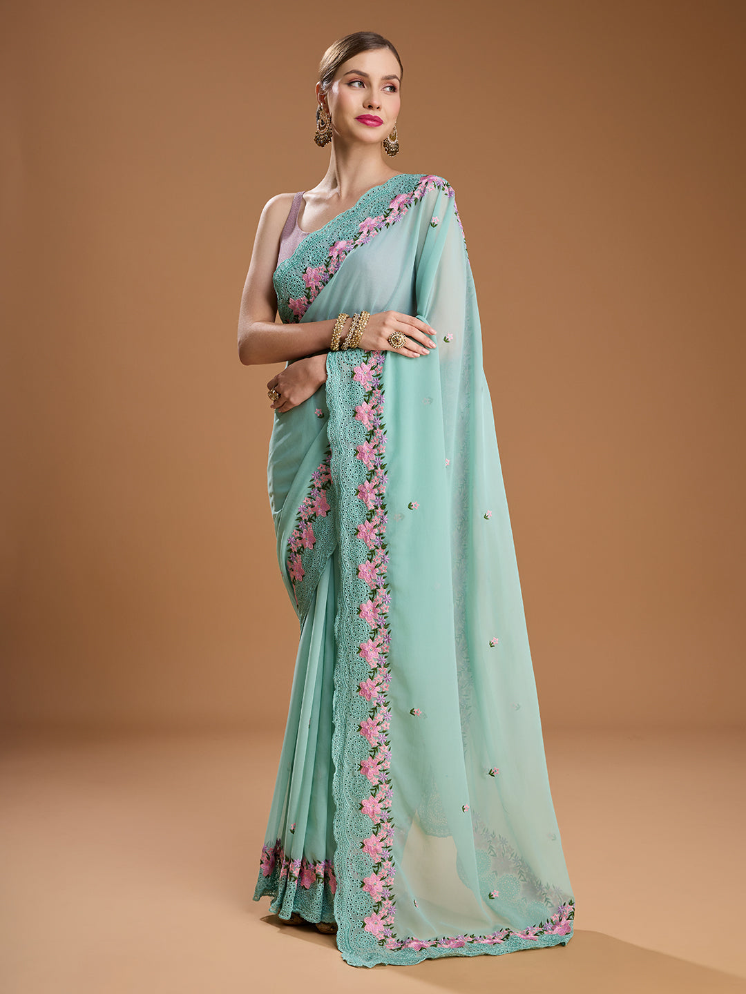 Jyoti Fashion Women's Sky Blue Chiffon Satin Embroidered Designer Saree with Blouse