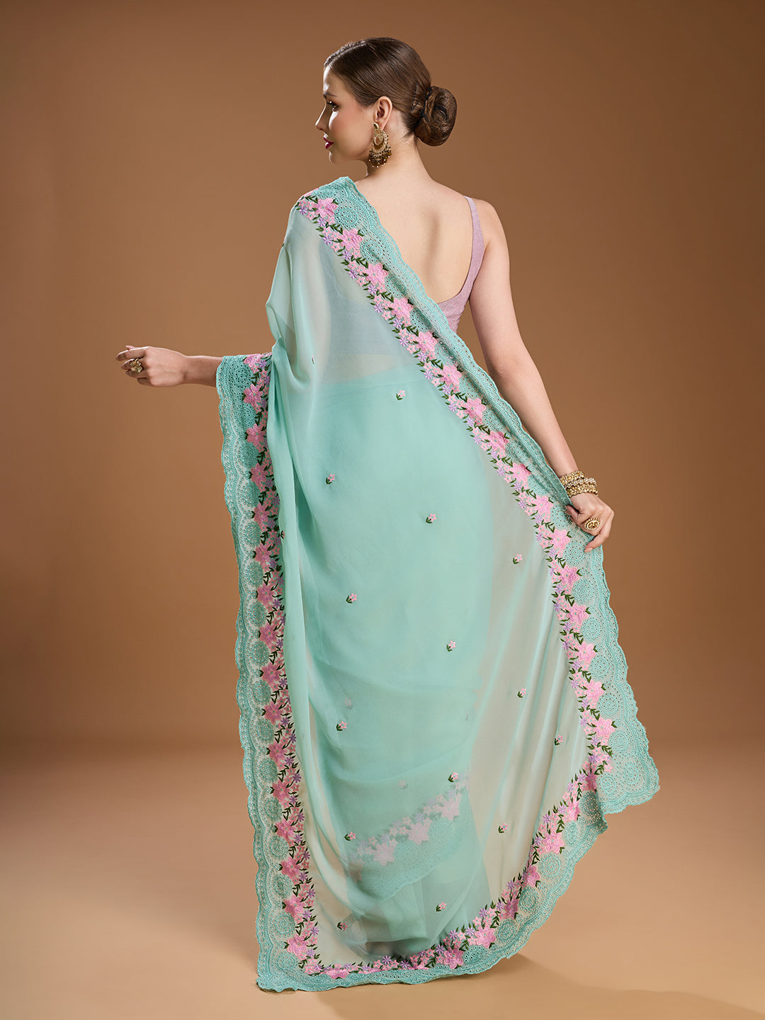 Jyoti Fashion Women's Sky Blue Chiffon Satin Embroidered Designer Saree with Blouse