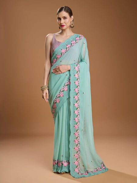 Jyoti Fashion Women's Sky Blue Chiffon Satin Embroidered Designer Saree with Blouse