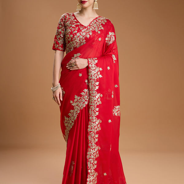 Jyoti Fashion Women's Red Jimmy Choo Embroidered & Coding Designer Saree with Blouse - Distacart