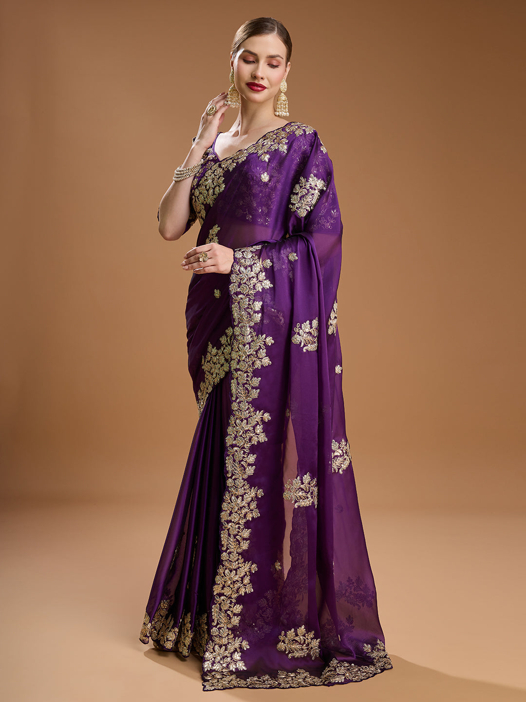Jyoti Fashion Women's Purple Jimmy Choo Embroidered & Coding Designer Saree with Blouse