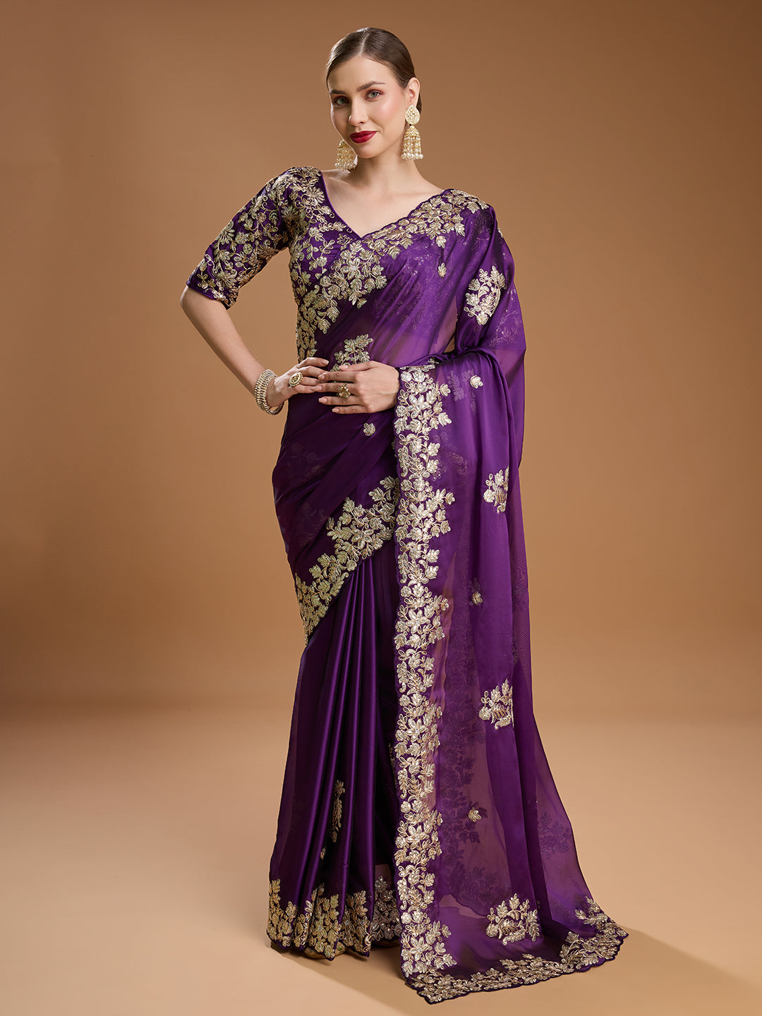 Jyoti Fashion Women's Purple Jimmy Choo Embroidered & Coding Designer Saree with Blouse